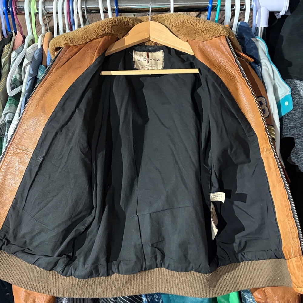 Wilson Tan Leather Bomber Jacket with Patches - Picture 4 of 13
